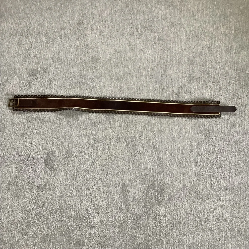 Brown Suede Leather Scallop Belt with Gold Accents Sz. L - Picture 2 of 6